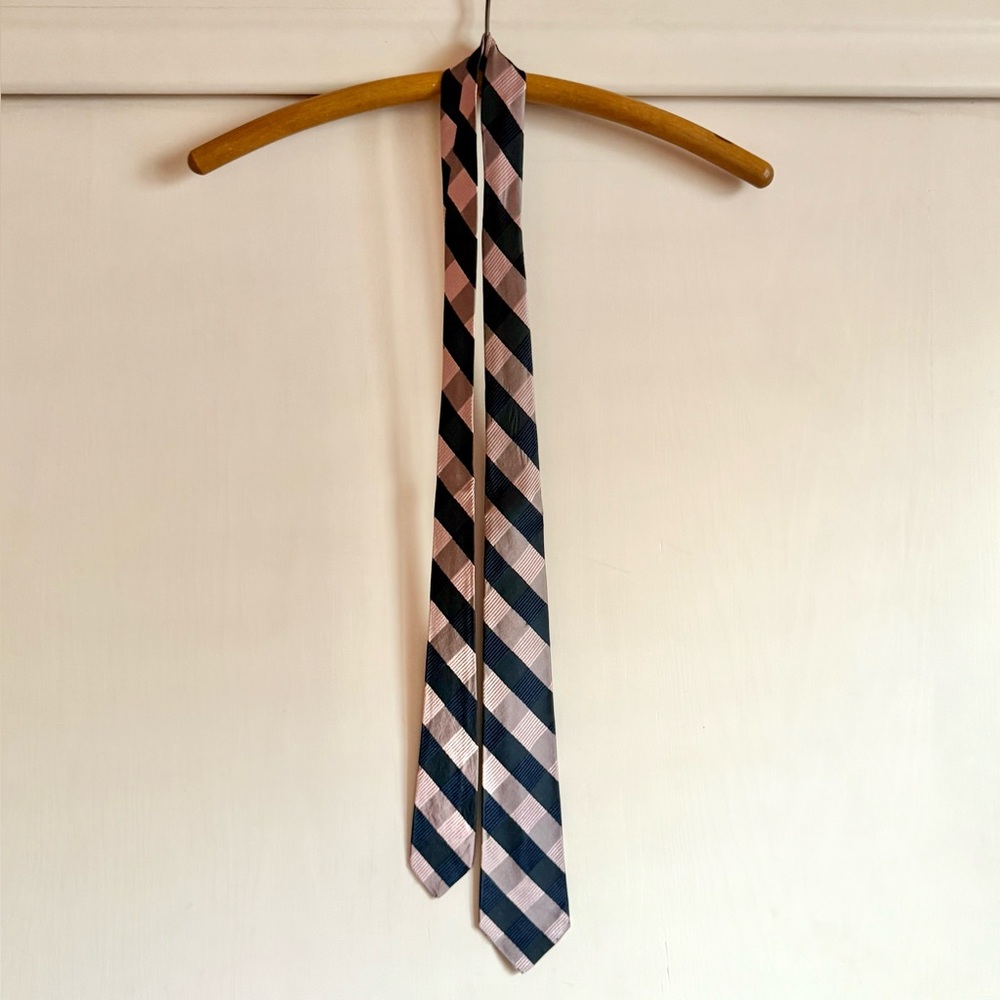 Vintage 1950s All Silk Necktie blush stripe plaid mcm - Picture 2 of 5